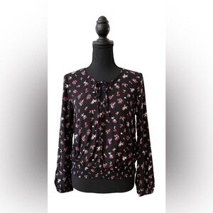 Mudd: Black Rayon Boho Blouse with Front Keyhole Tie along with Tiny Flowers